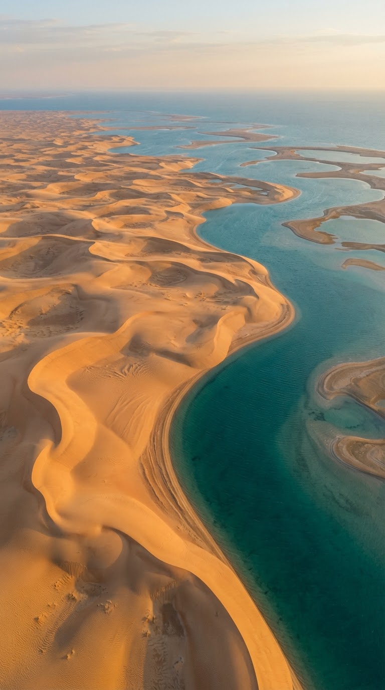 التقاء الكثبان الرملية بالمياه في مشهد الدليل